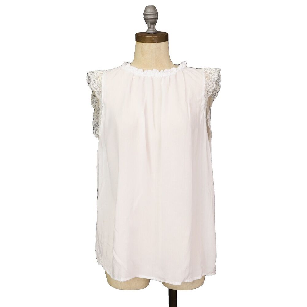 VELVET By Graham & Spencer Ruffle Neck Blouse M White Lightweight Lace Accent B1